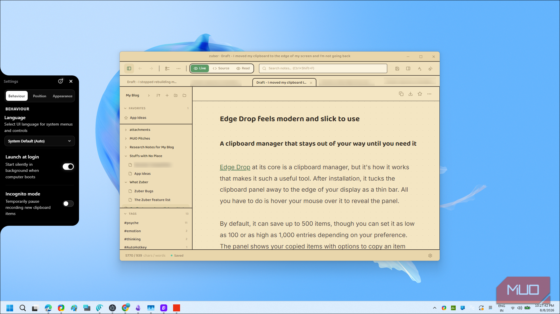 Edge Drop Clipboard Manager Interface With Settings Panel And Documentation-1