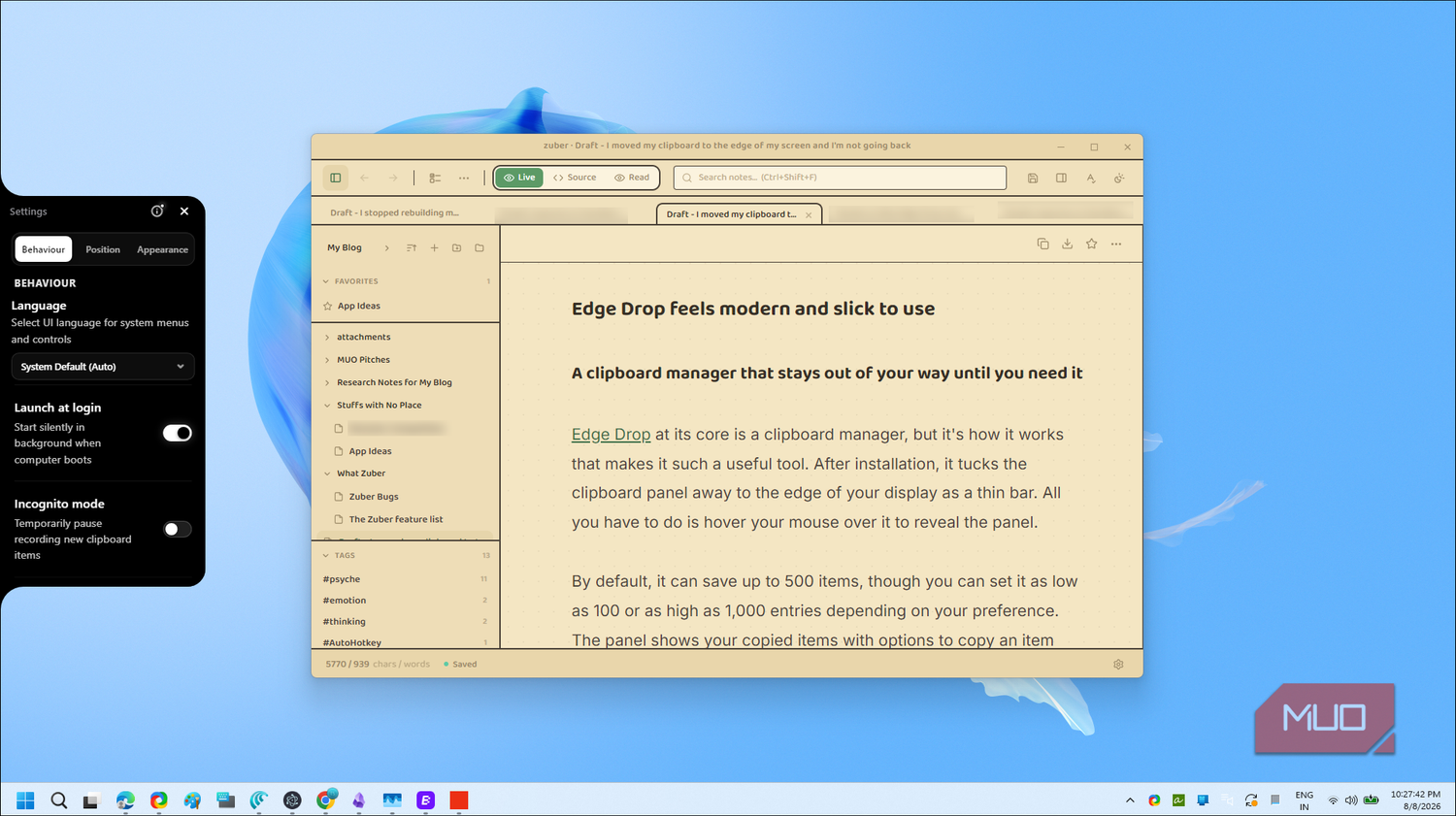 Edge Drop Clipboard Manager Interface With Settings Panel And Documentation-1