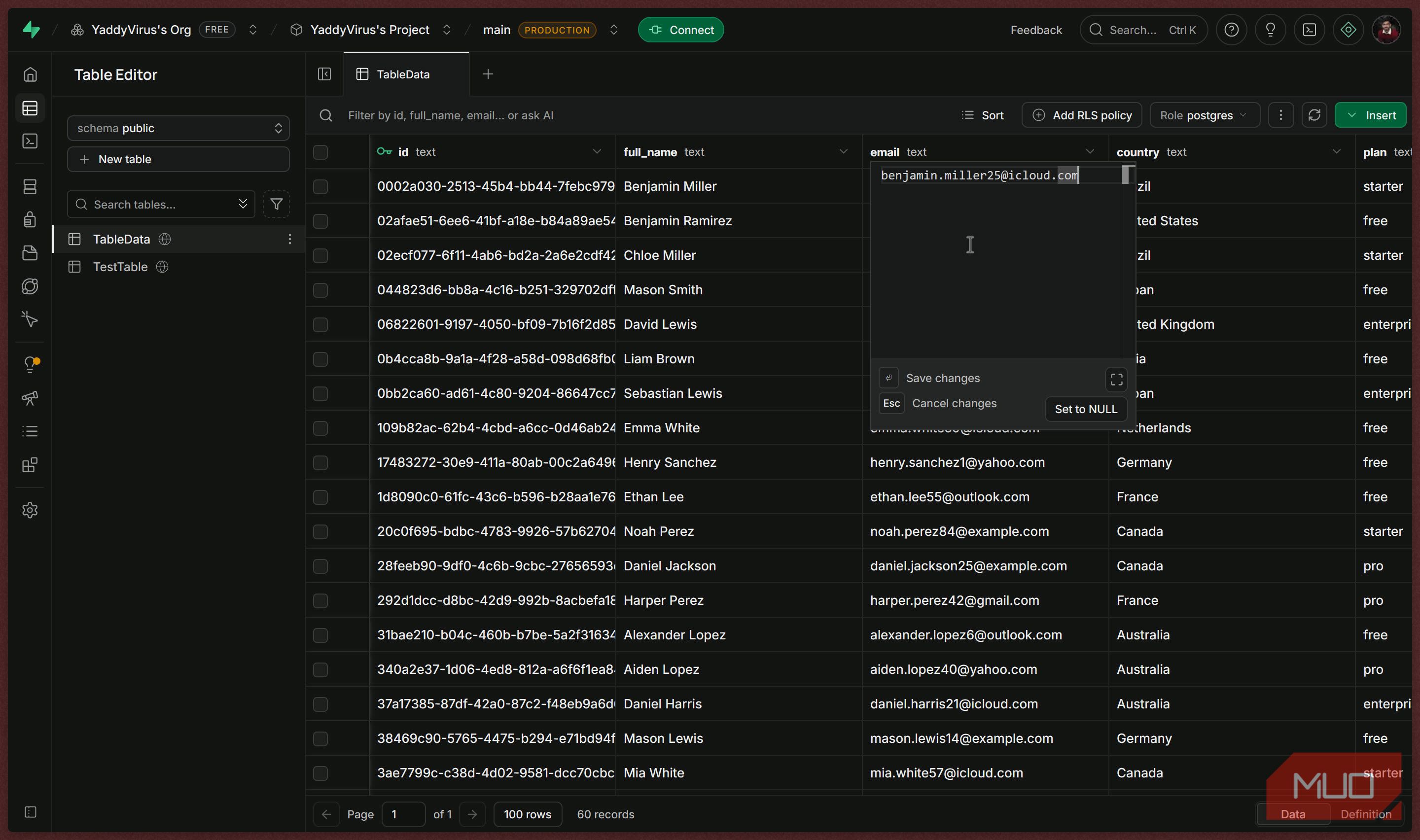 Editing text in Supabase Table Editor.