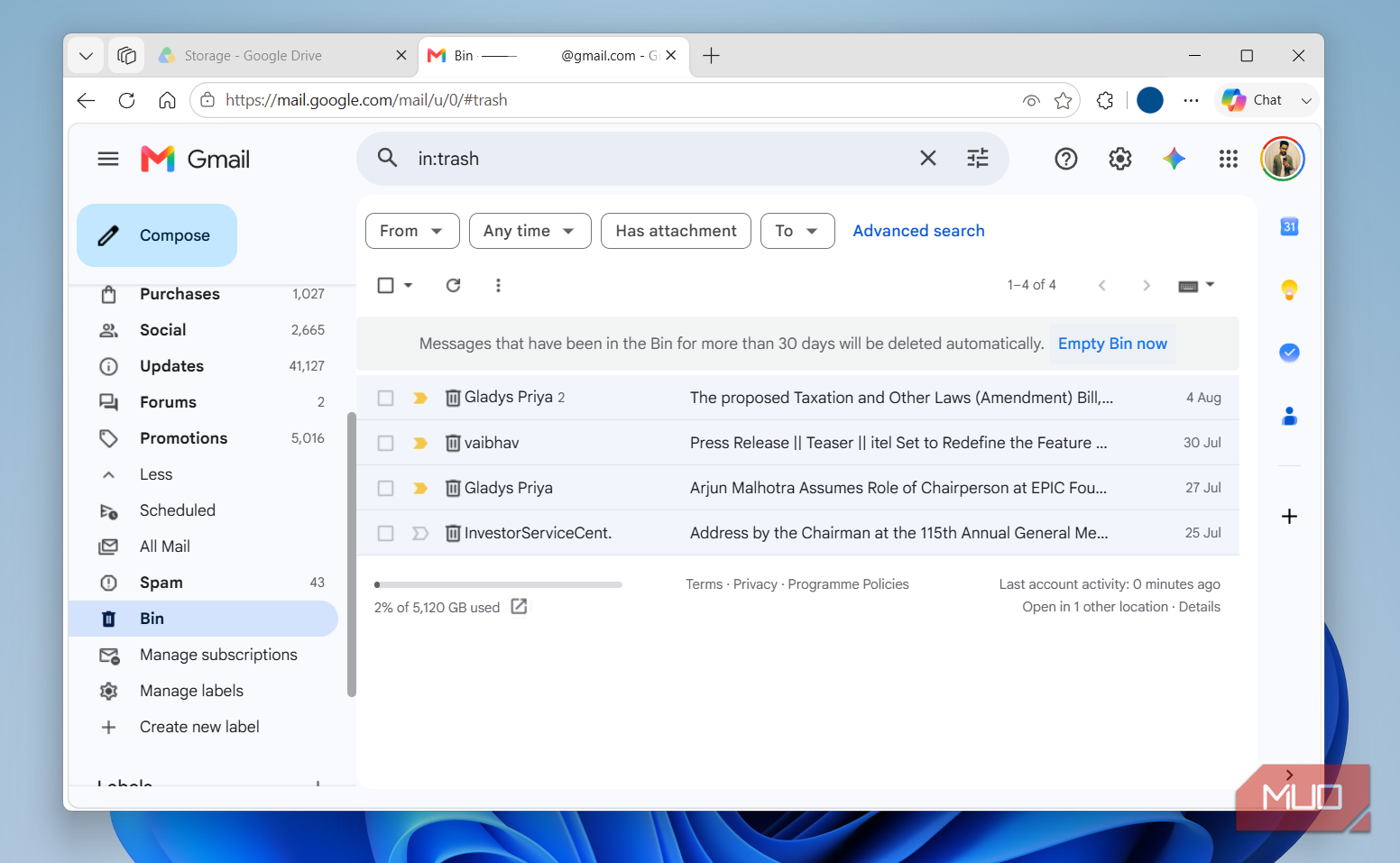 Empty bin in Gmail