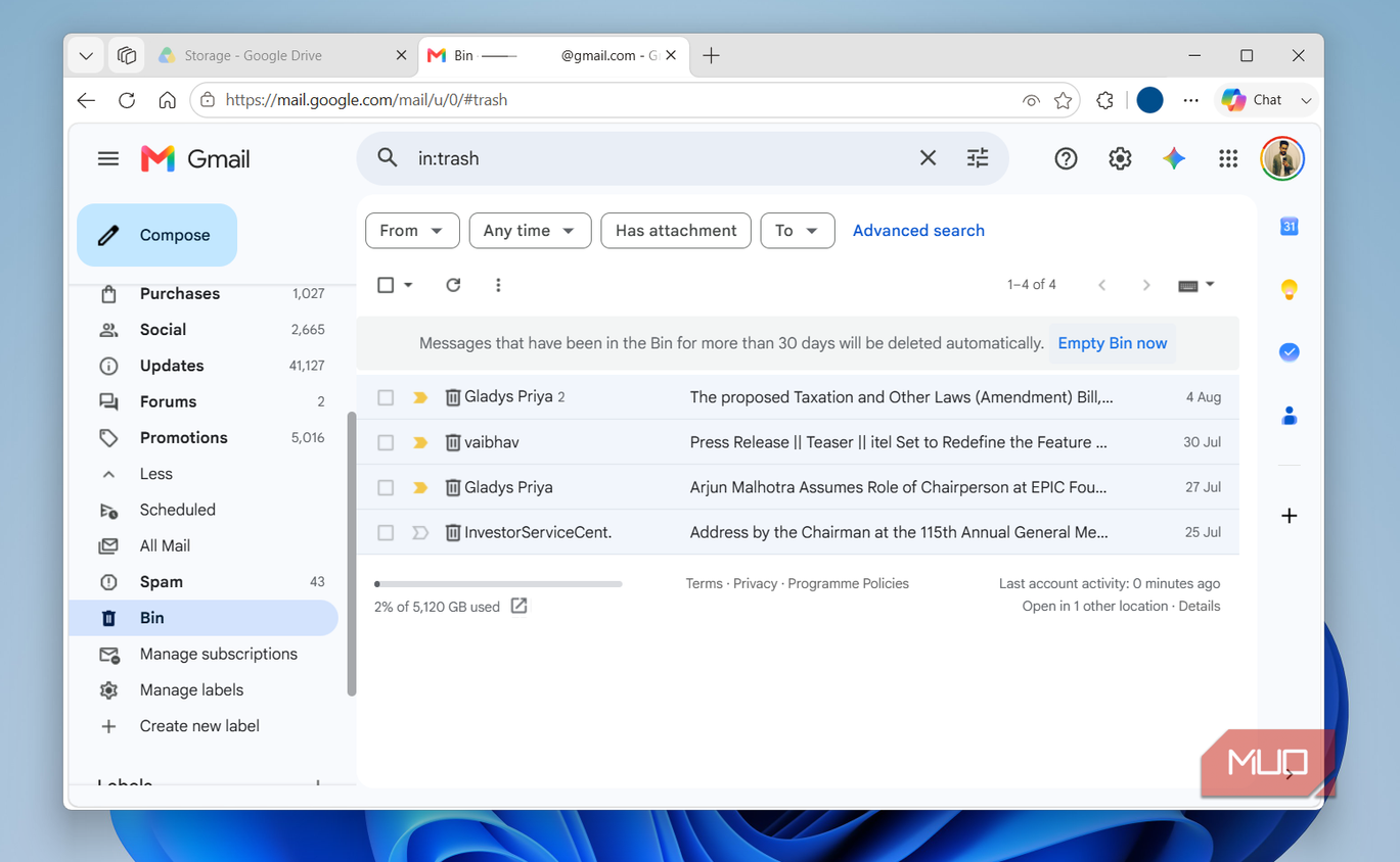 Empty bin in Gmail
