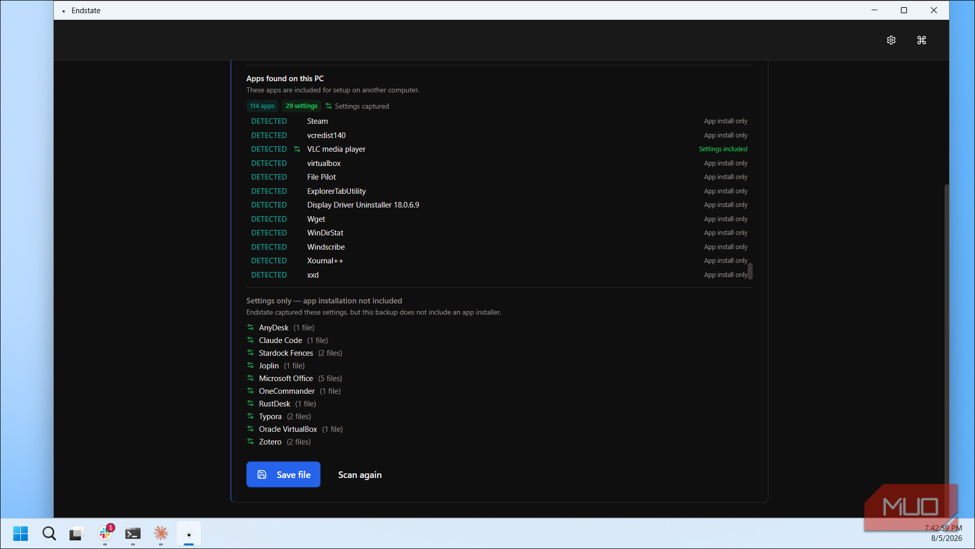Endstate App Scan Results Showing Detected Apps And Settings On Pc