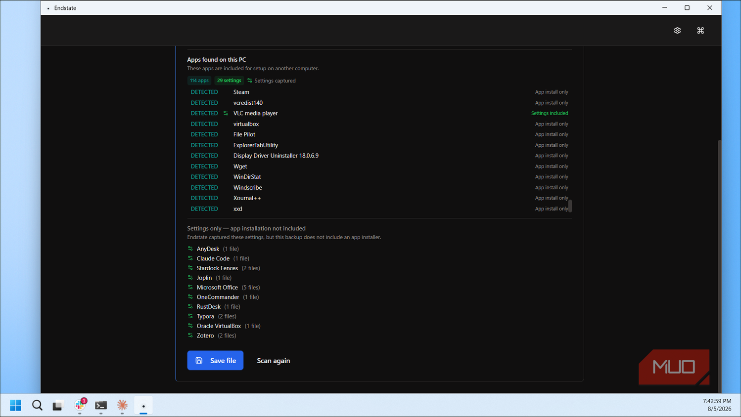 Endstate App Scan Results Showing Detected Apps And Settings On Pc