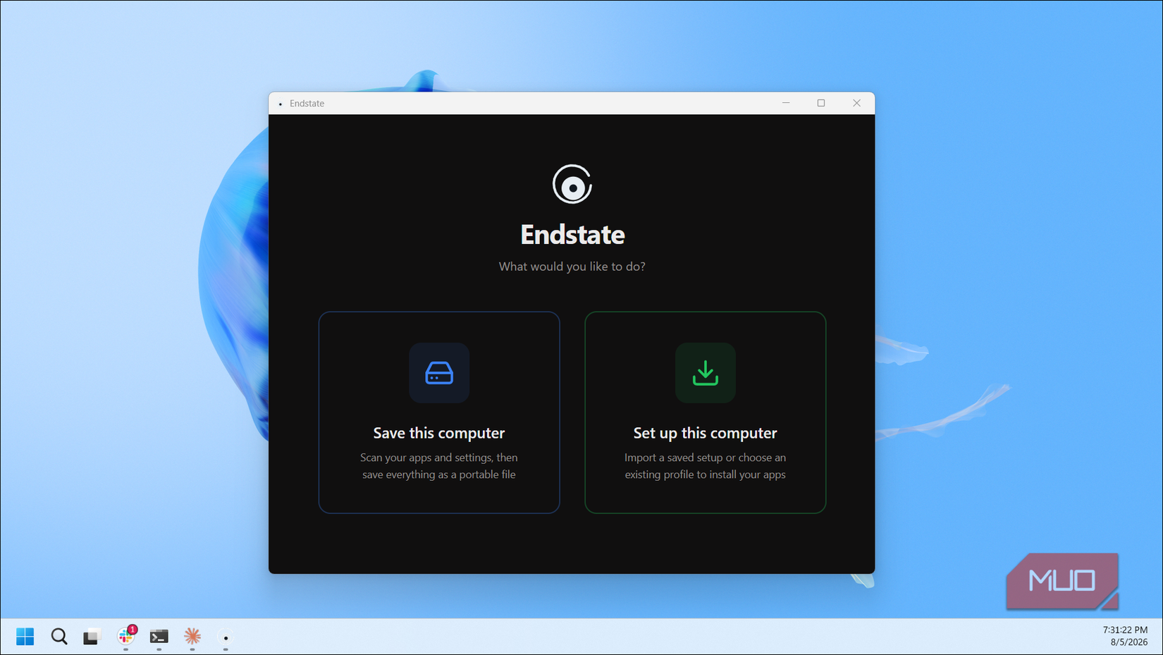 Endstate App Startup Screen With Save And Setup Options