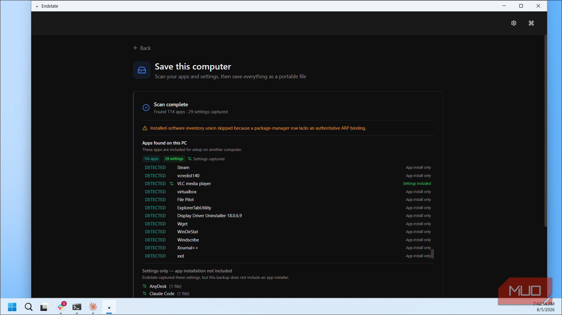 Endstate Computer Scan Results Showing 114 Detected Apps And Settings