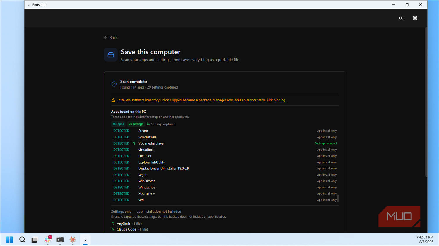 Endstate Computer Scan Results Showing 114 Detected Apps And Settings