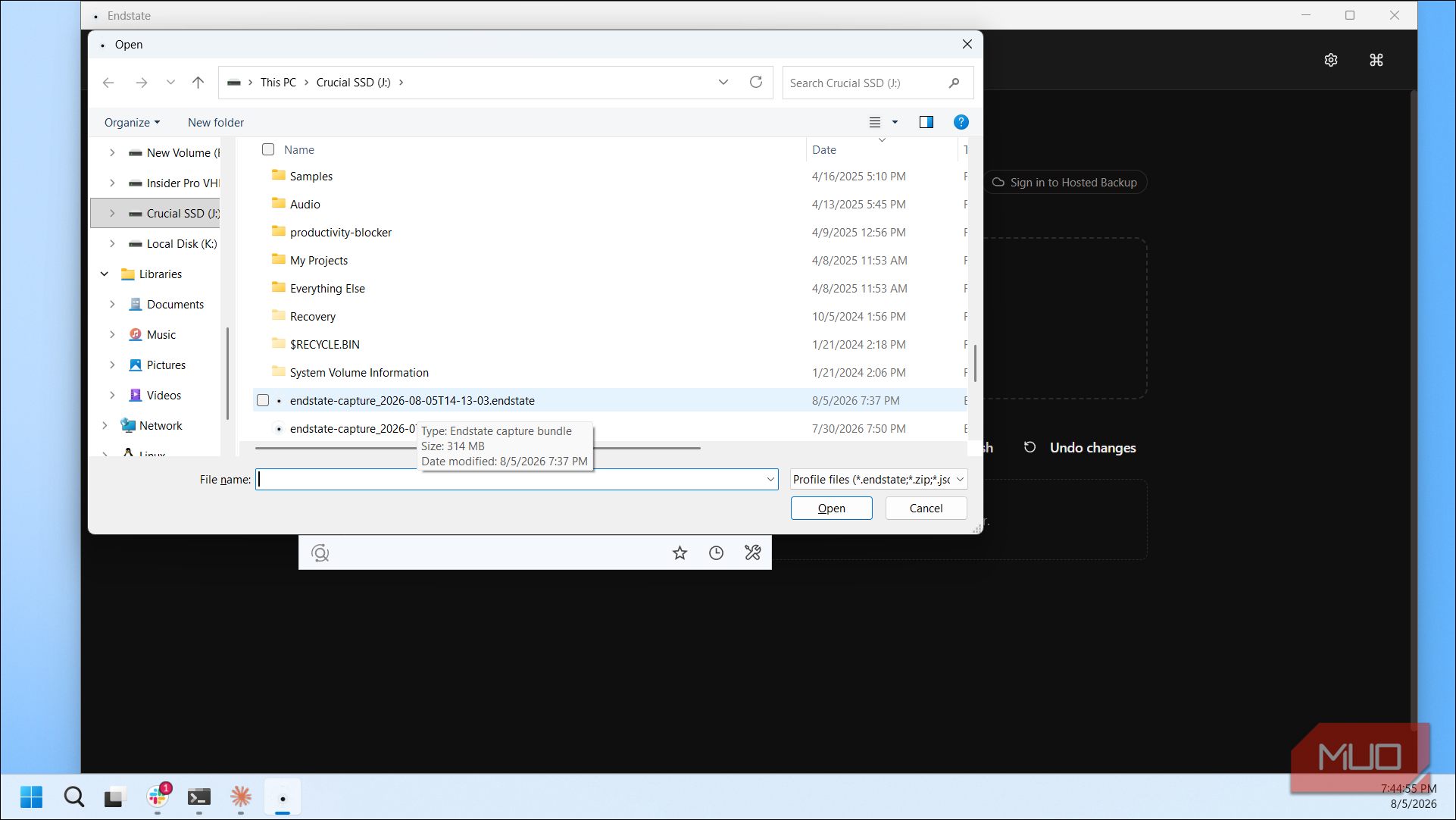 Endstate Open Dialog Browsing Crucial Ssd With Capture Bundle Files