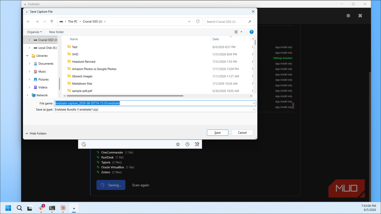 Endstate Save Capture File Dialog With Bundle Filename And Crucial Ssd Location