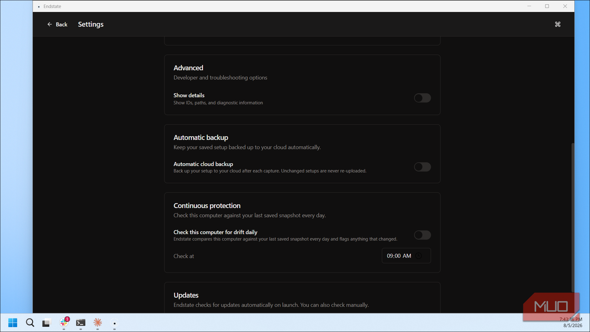 Endstate Settings Advanced Automatic Backup Continuous Protection Options