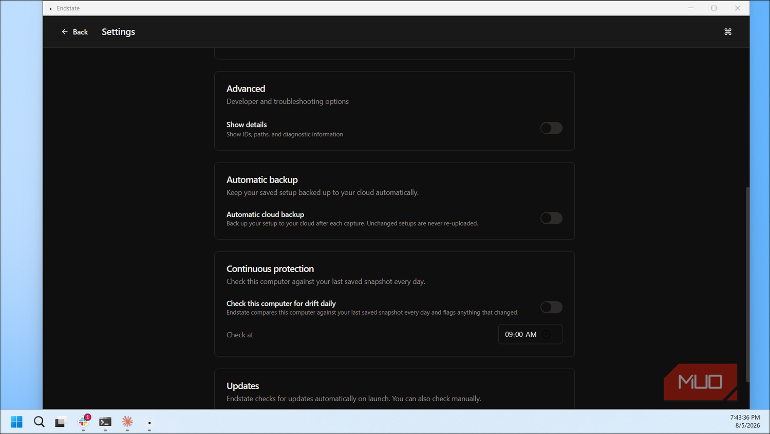 Endstate Settings Advanced Automatic Backup Continuous Protection Options