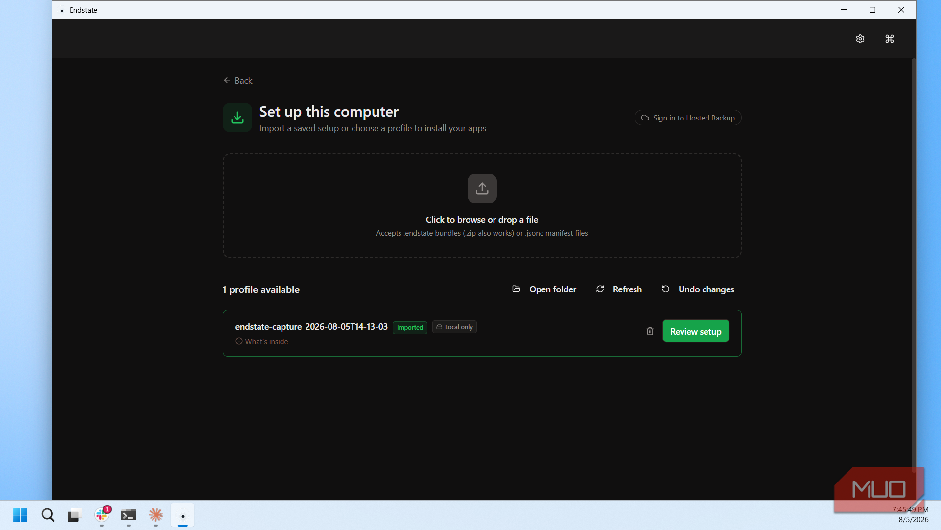 Endstate Setup Computer Import Profile Screen With Available Capture Bundle