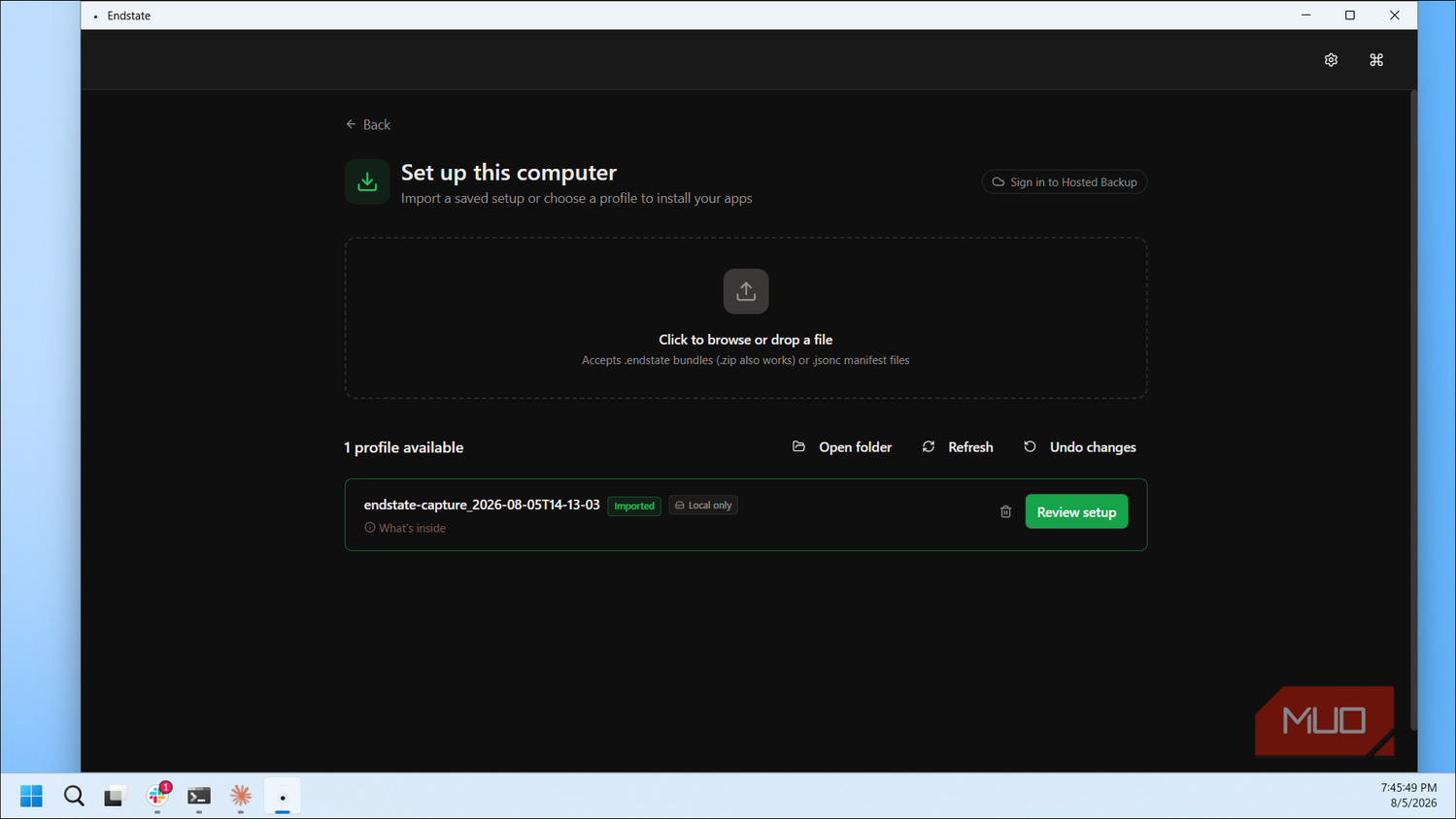 Endstate Setup Computer Import Profile Screen With Available Capture Bundle
