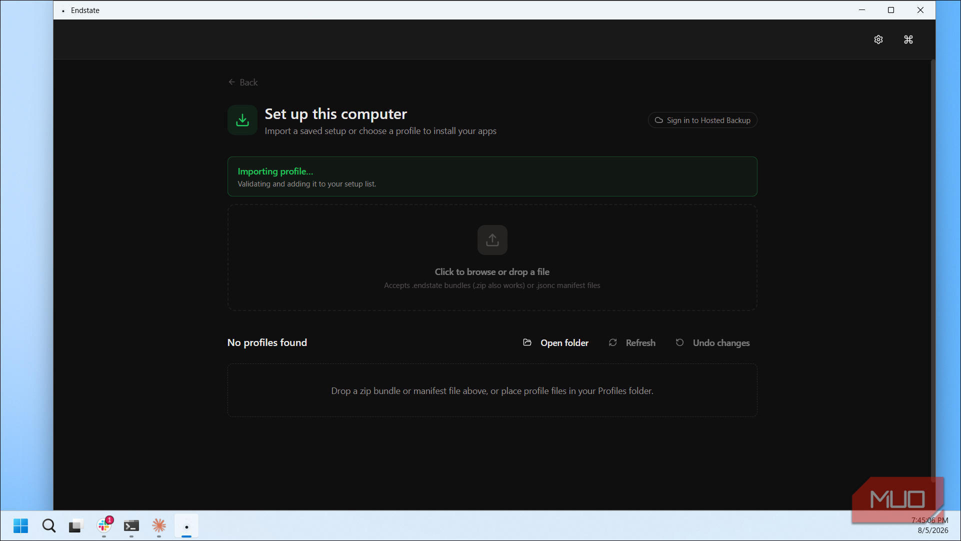 Endstate Setup Computer Profile Import Screen With No Profiles Found