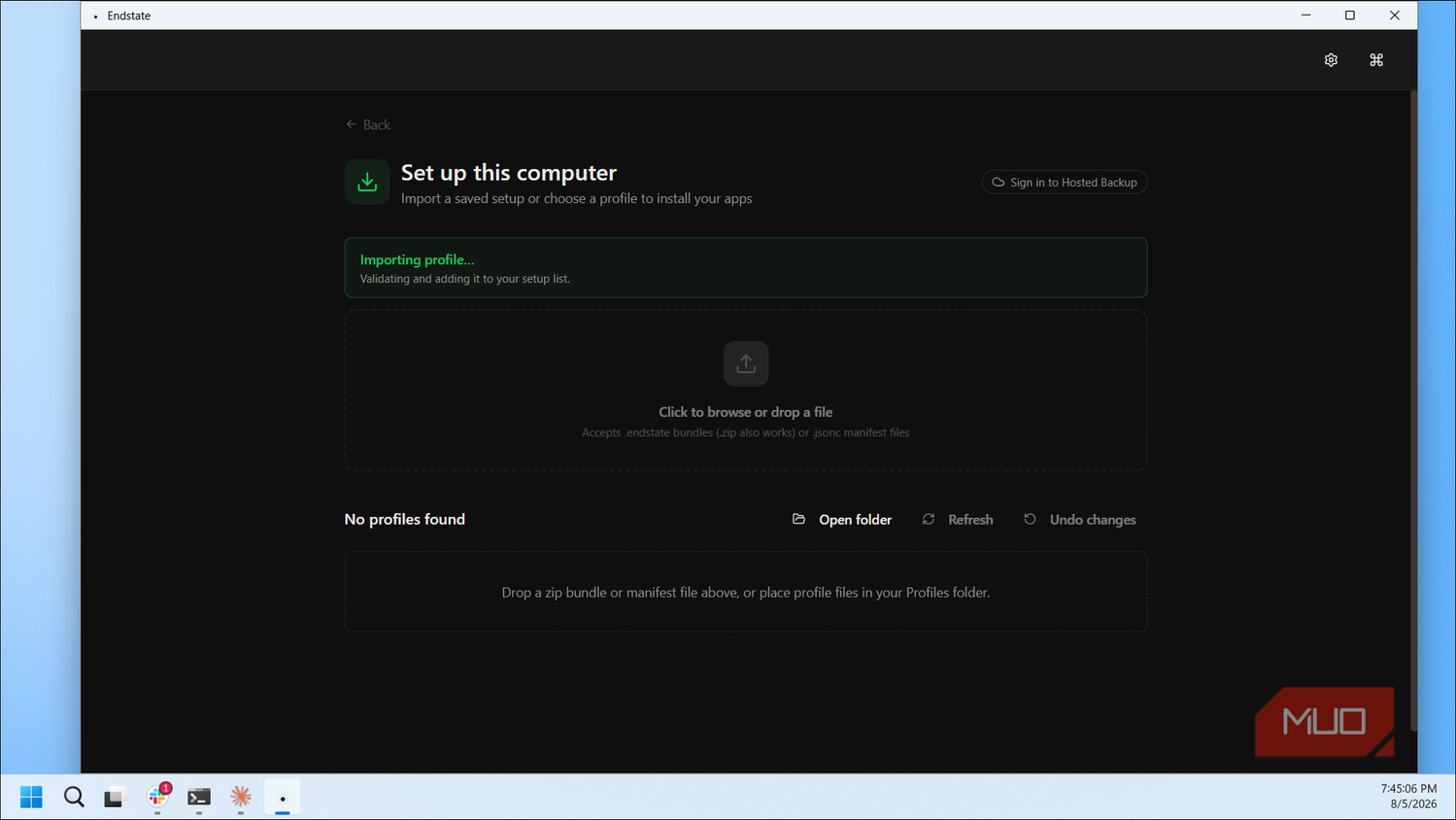 Endstate Setup Computer Profile Import Screen With No Profiles Found