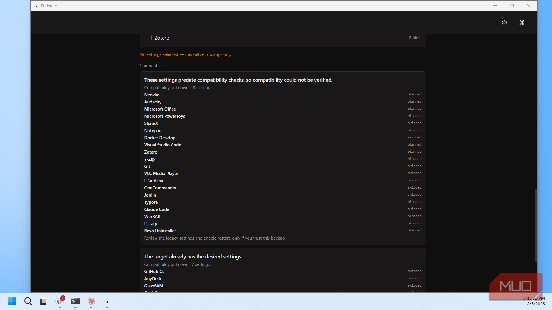 Endstate Zotero Compatibility Settings With Application List And Status