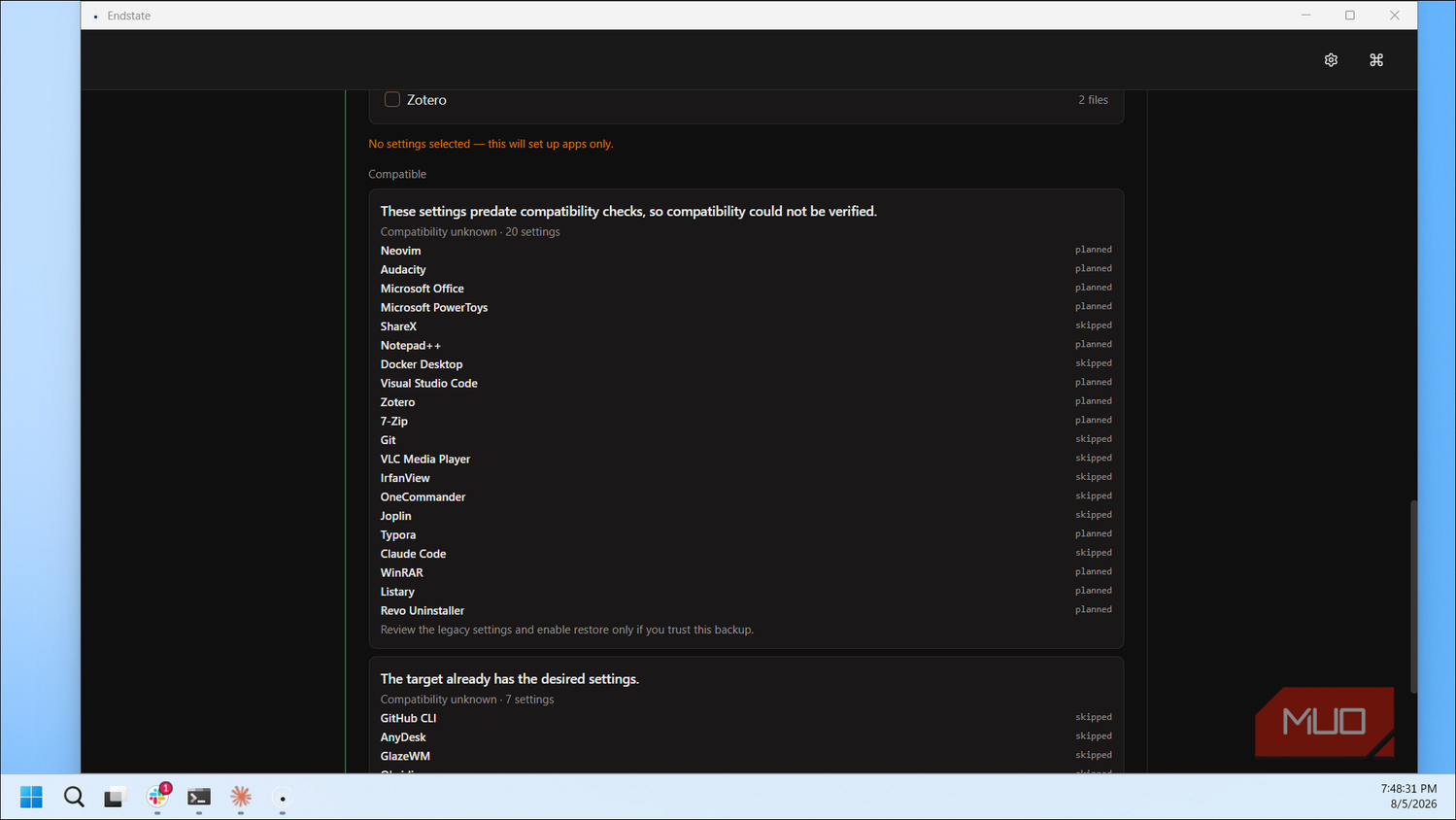 Endstate Zotero Compatibility Settings With Application List And Status