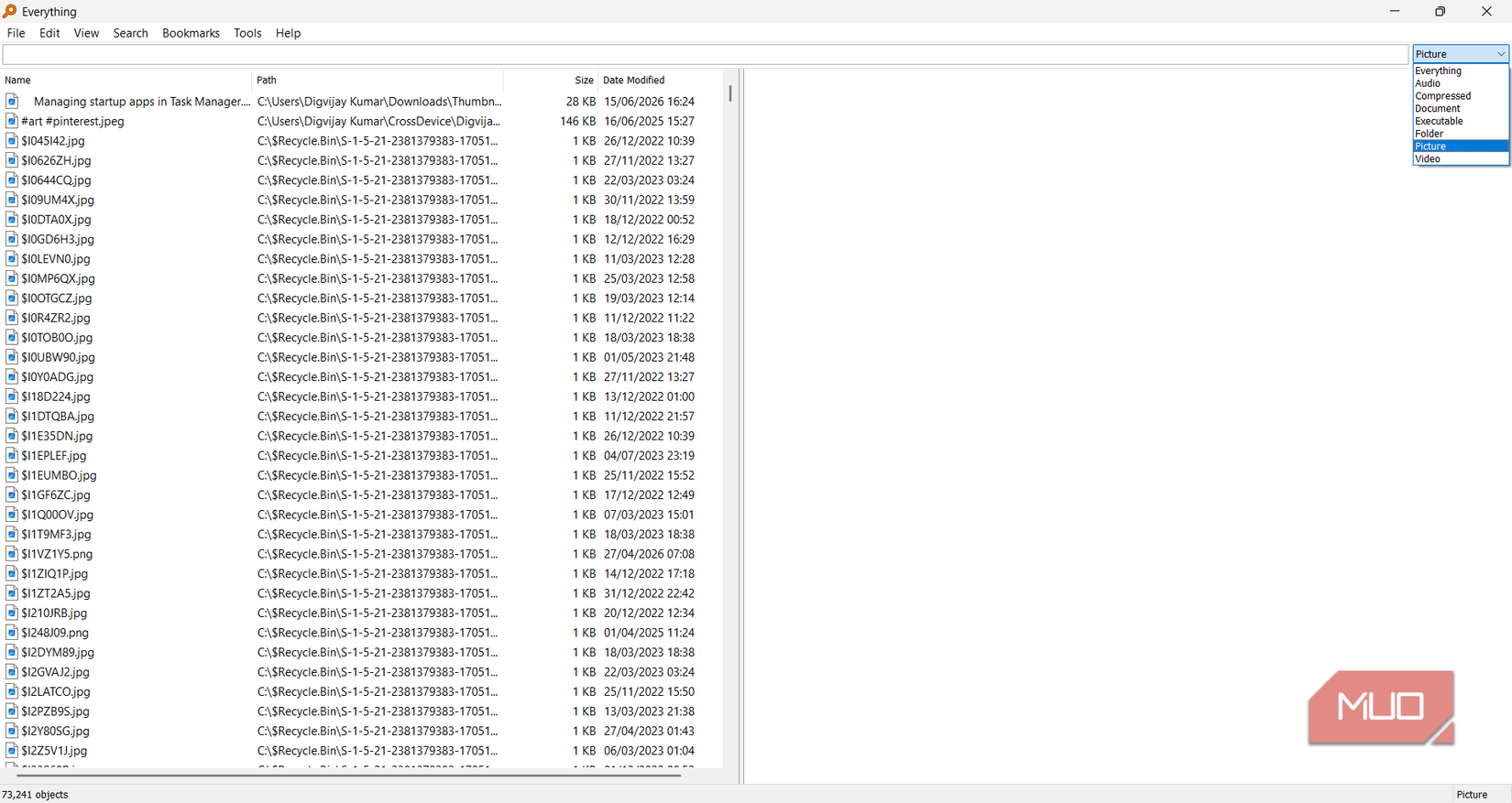 Everything filter dropdown showing 73,241 picture files indexed