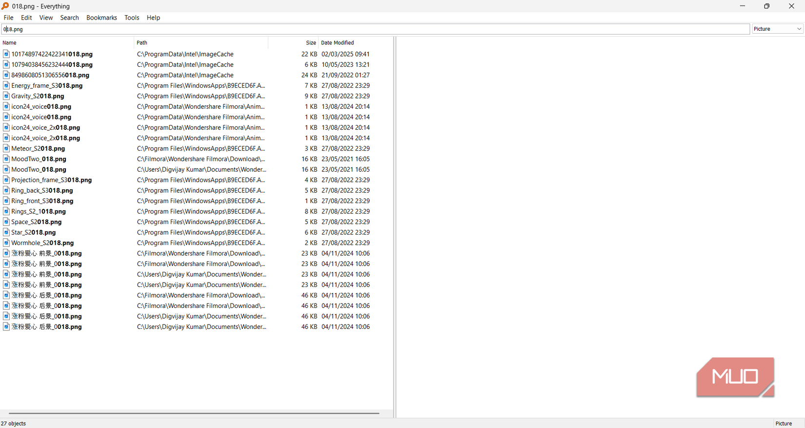 Everything search results for _018.png_ returning 27 matches instantly
