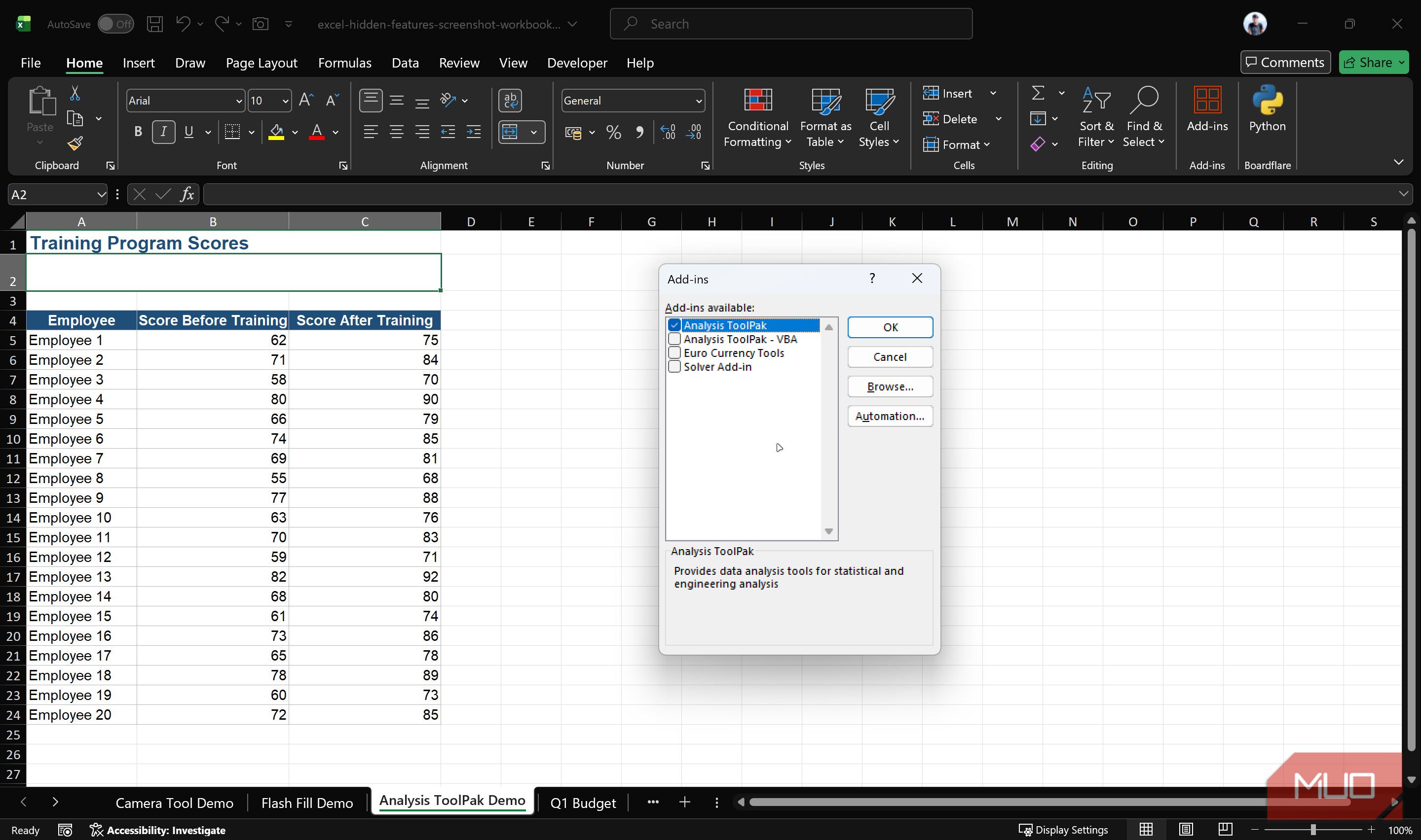 Excel add-ins window with toolpak selected.