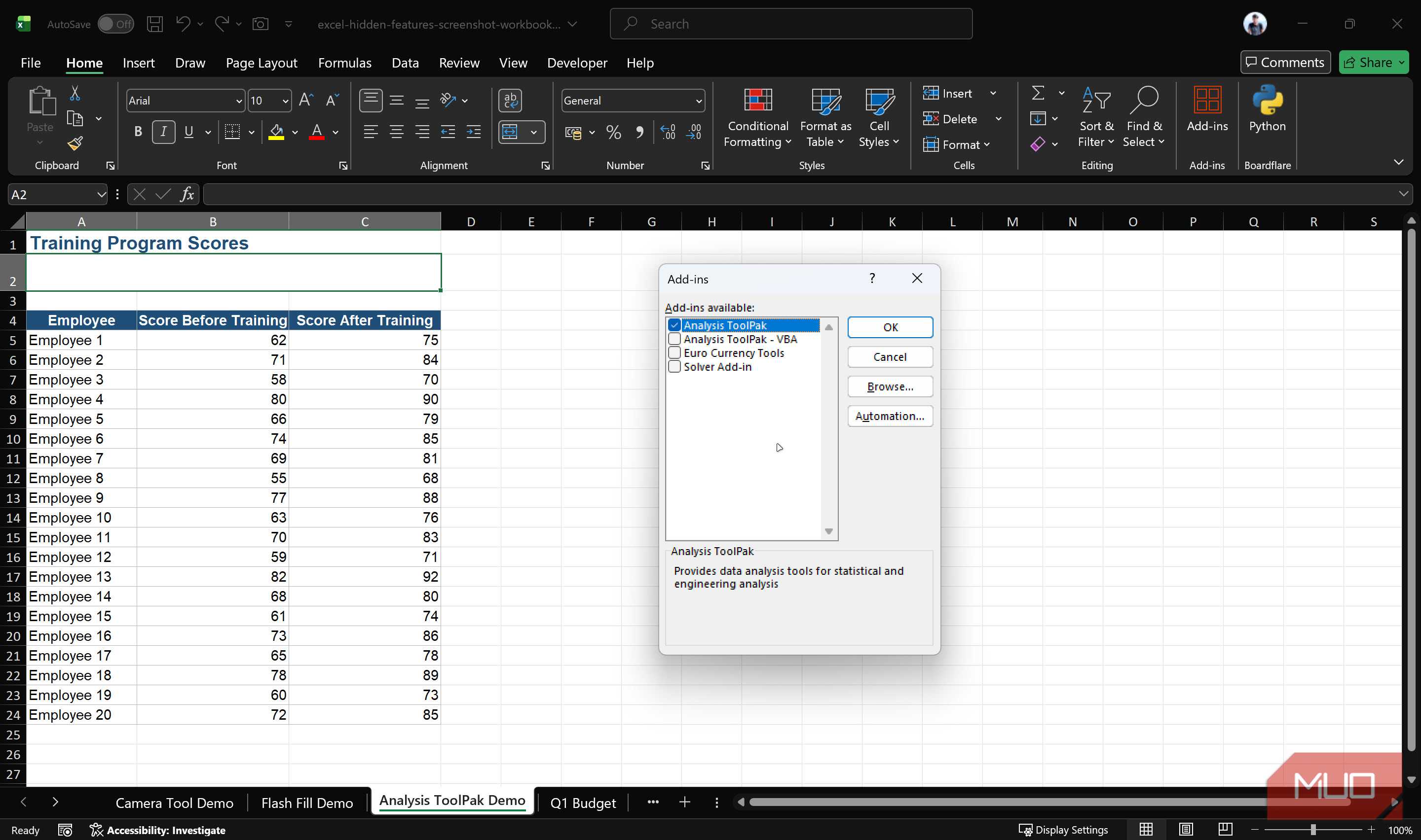 Excel add-ins window with toolpak selected.