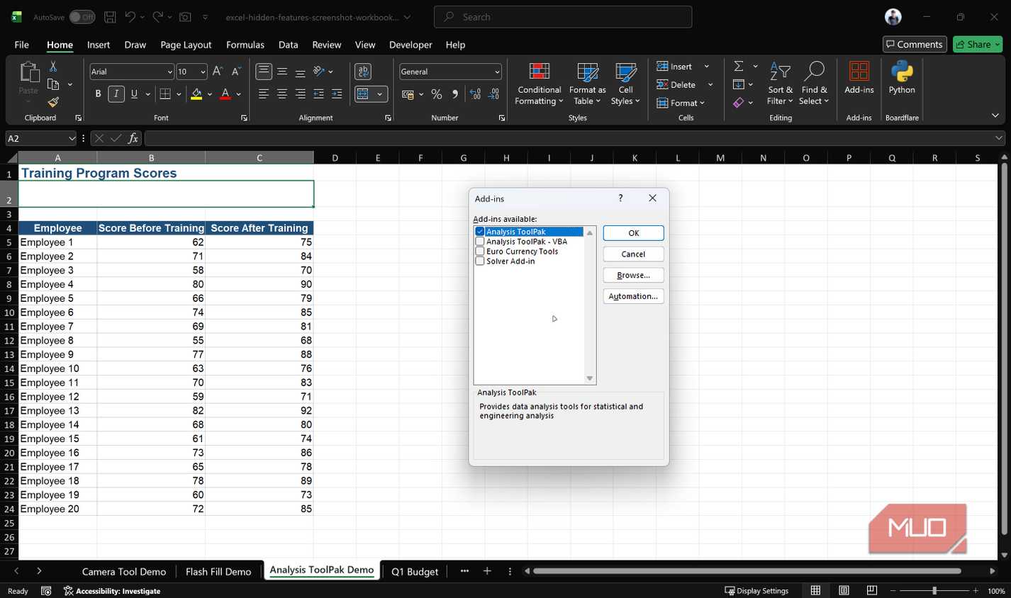 Excel add-ins window with toolpak selected.