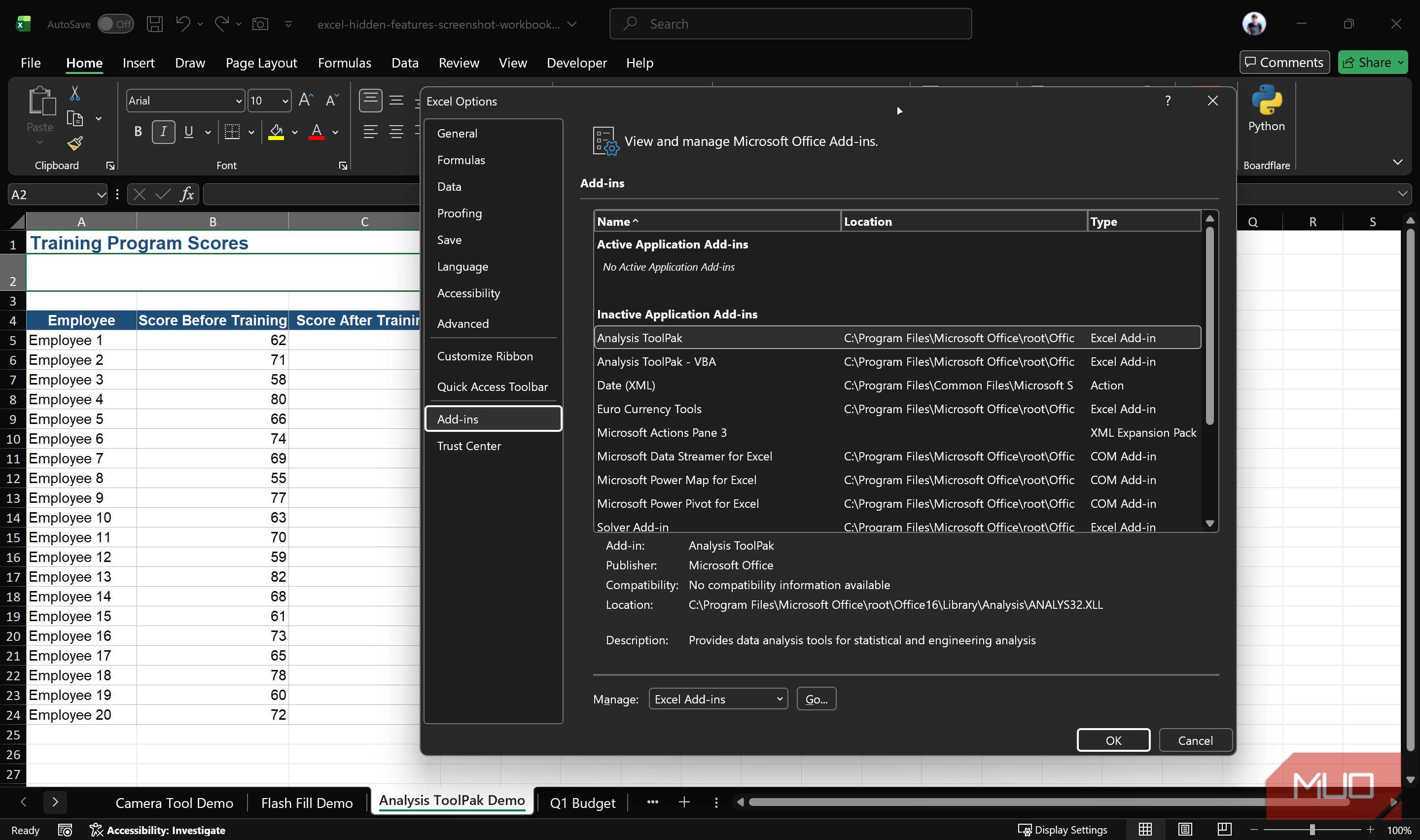 Excel add-ins window.
