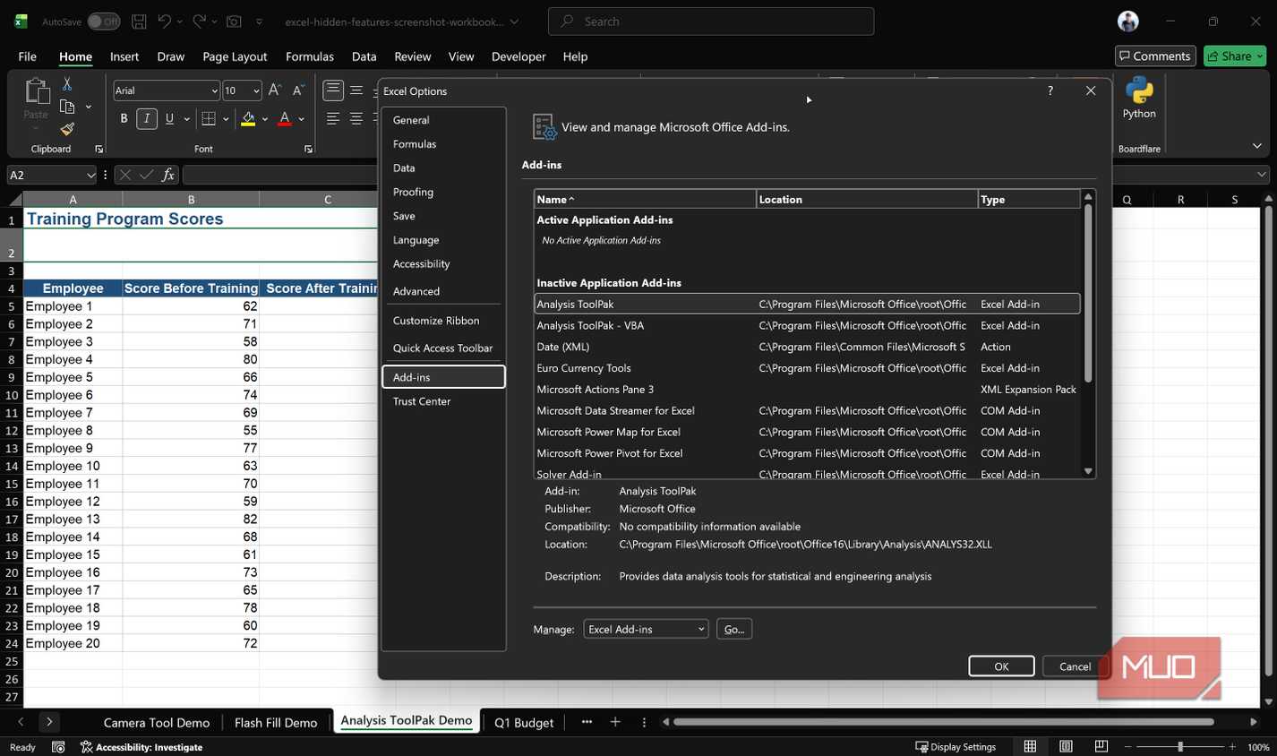 Excel add-ins window.