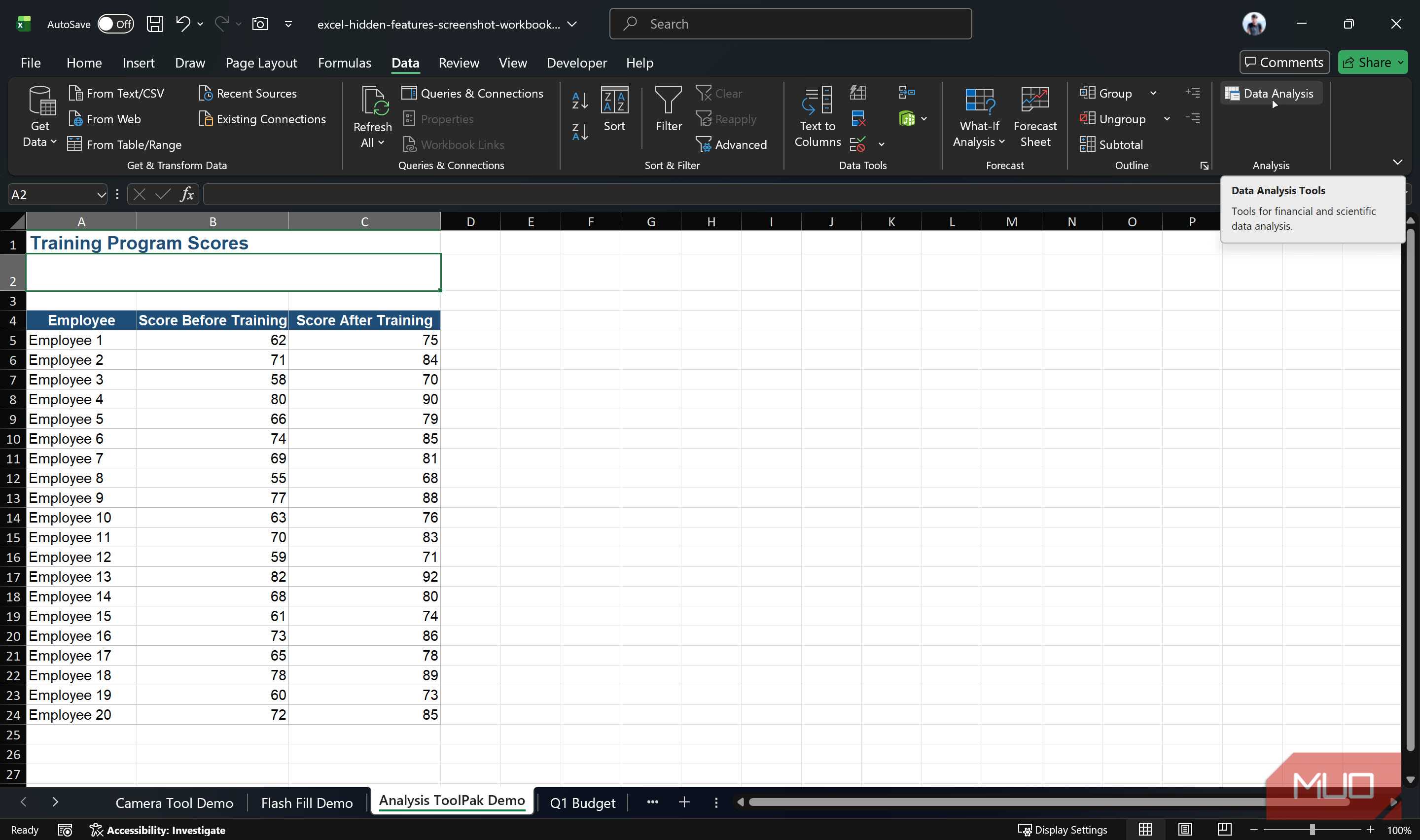 Excel data analysis tool highlighted.