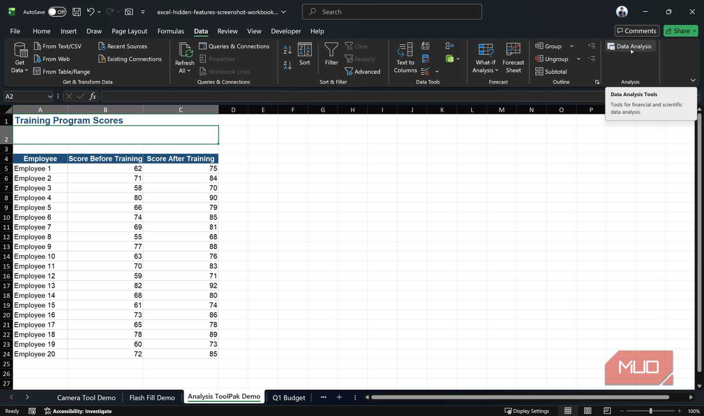 Excel data analysis tool highlighted.