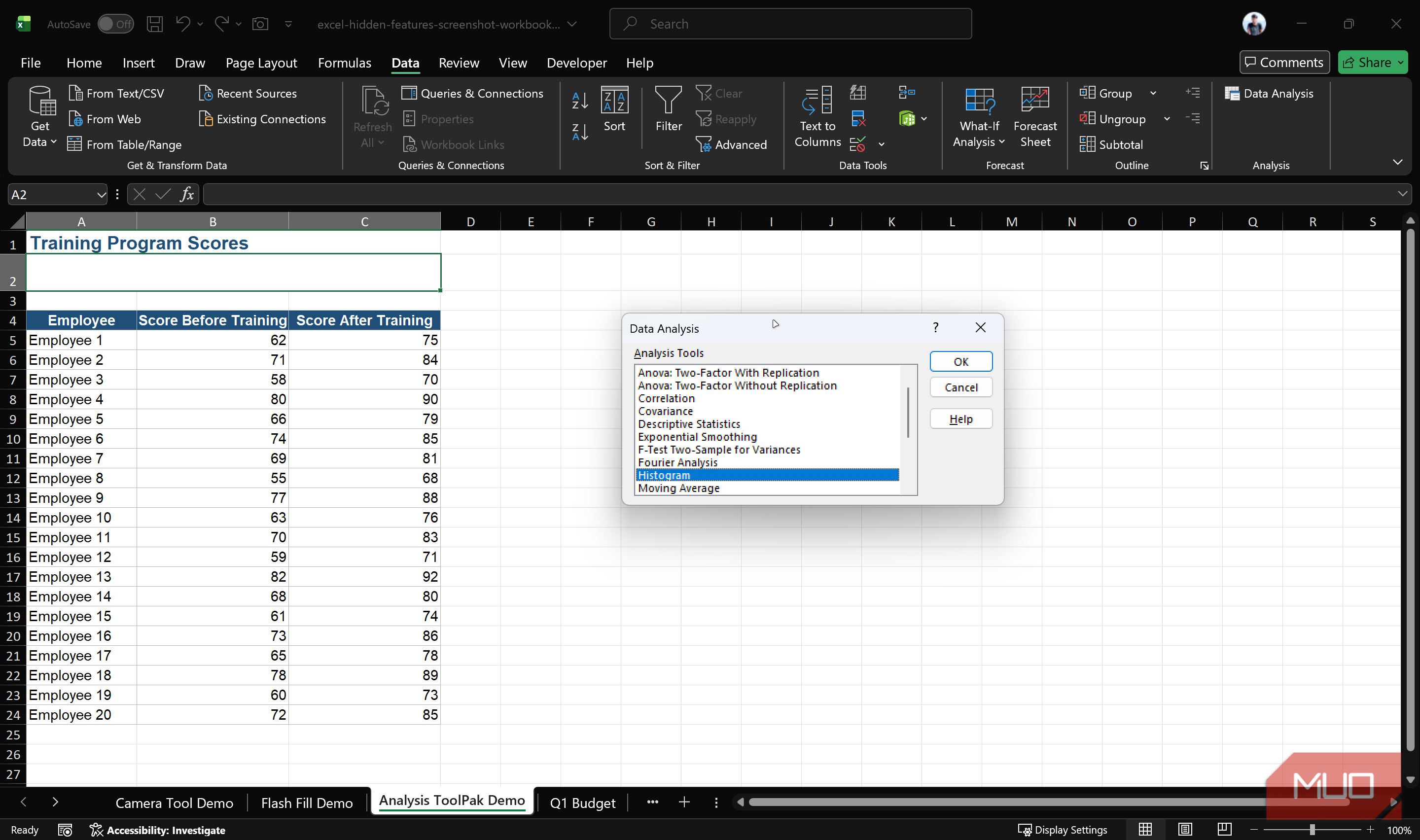 Excel data analysis tool window.