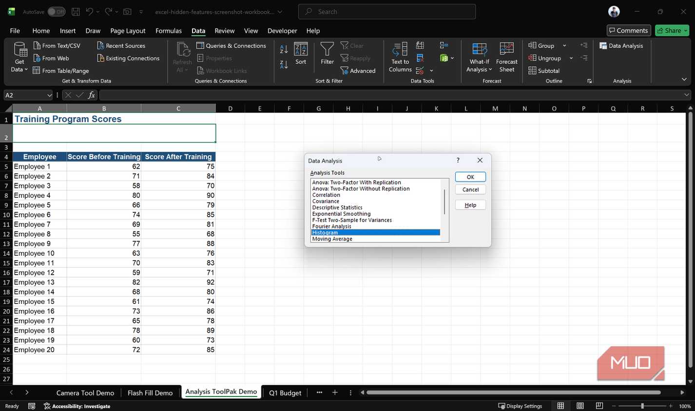 Excel data analysis tool window.