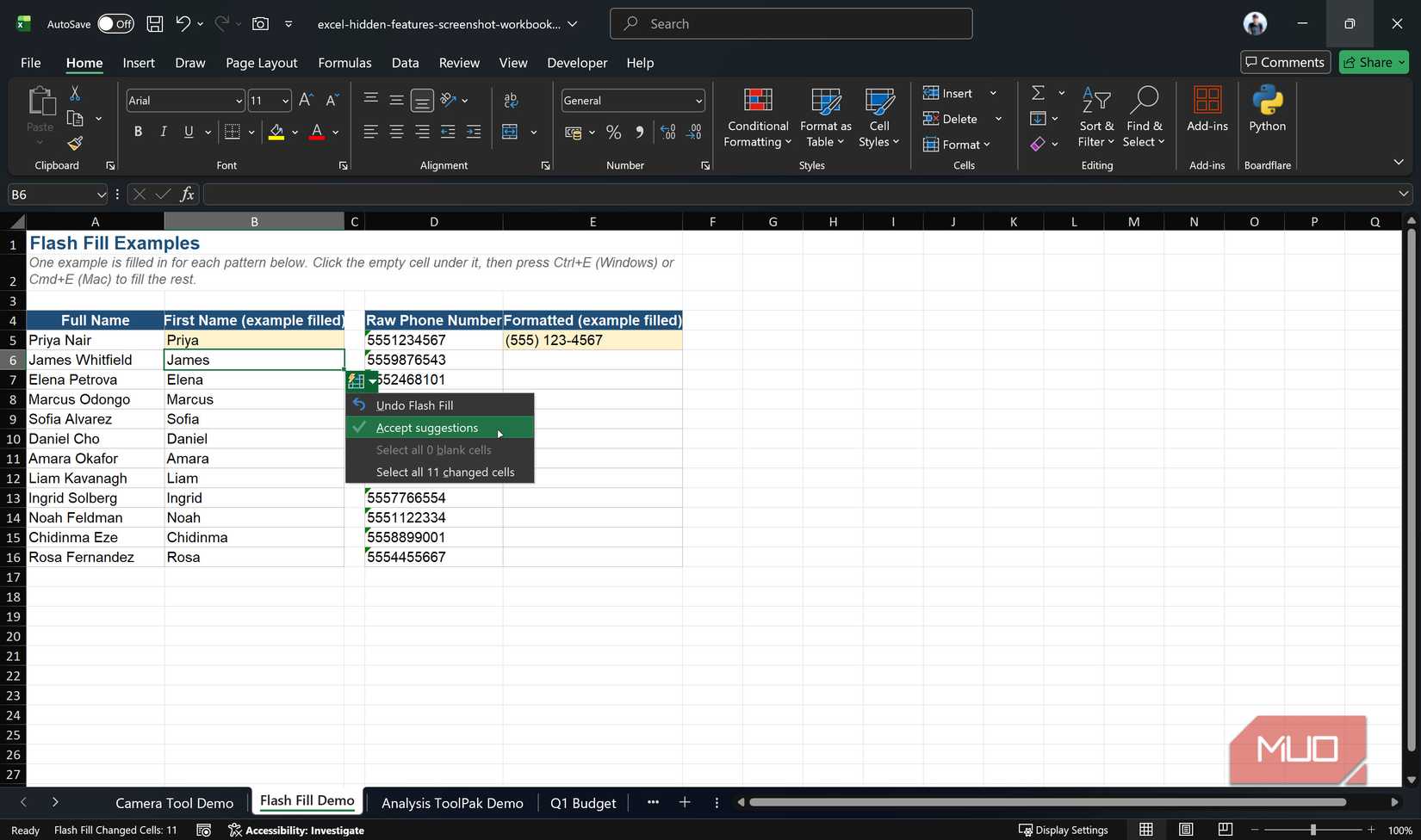 Excel flash fill example.