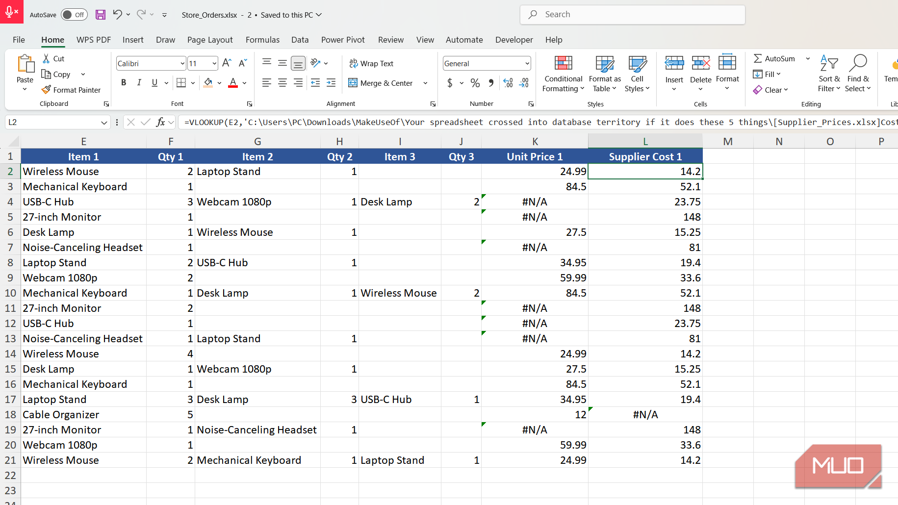 Excel formula bar showing an external workbook reference.