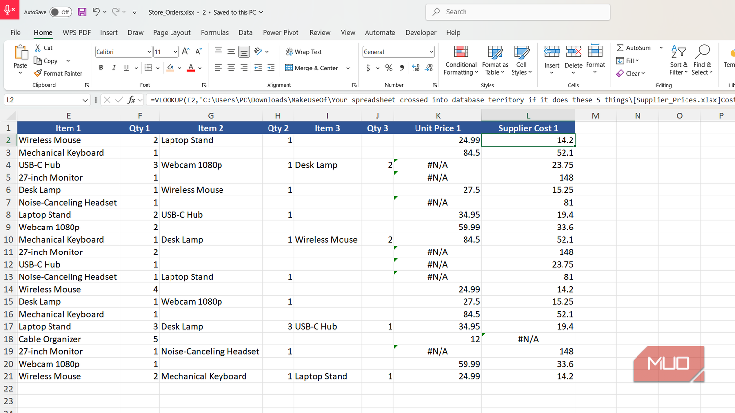 Excel formula bar showing an external workbook reference.