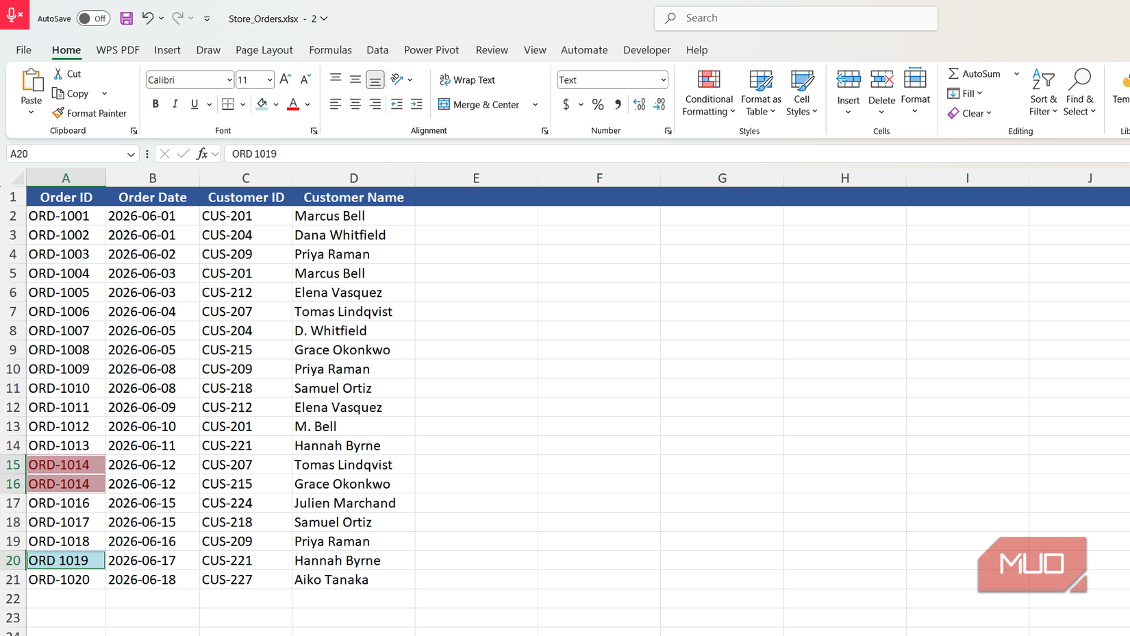 Excel order table showing a duplicated order ID and a malformed ID entered with a space,