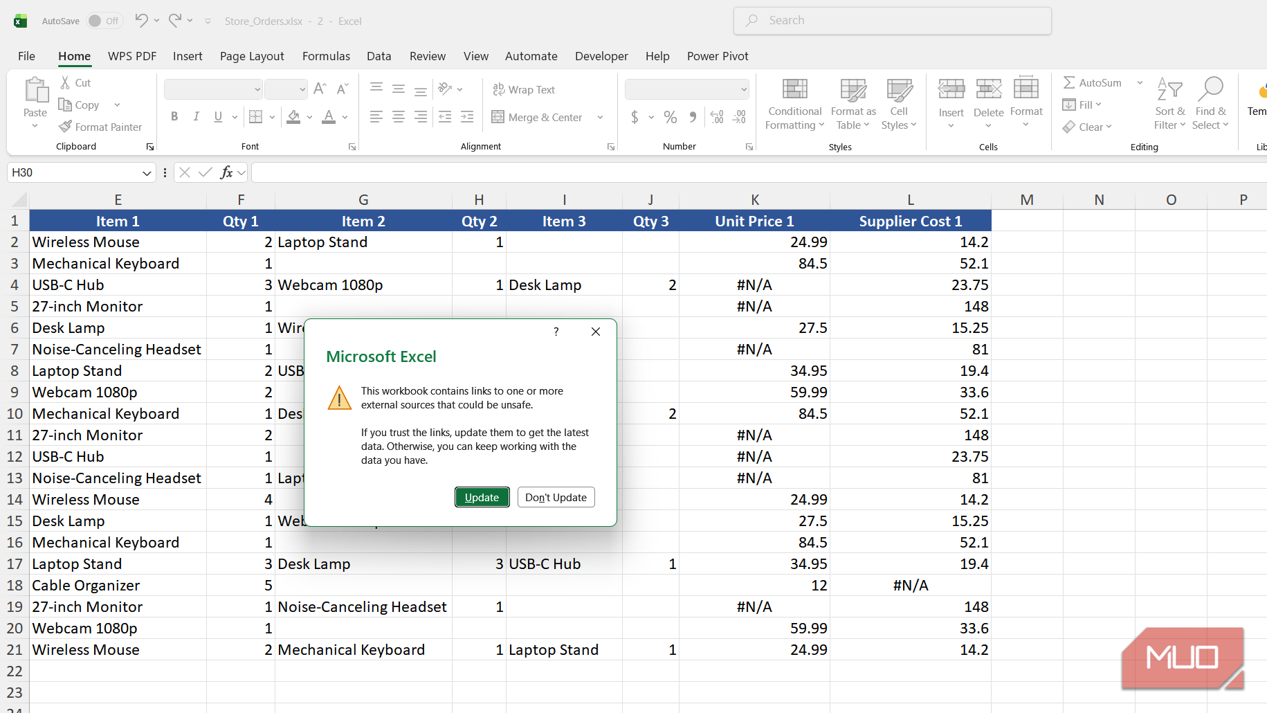 Excel prompt asking whether to update links to a missing workbook.
