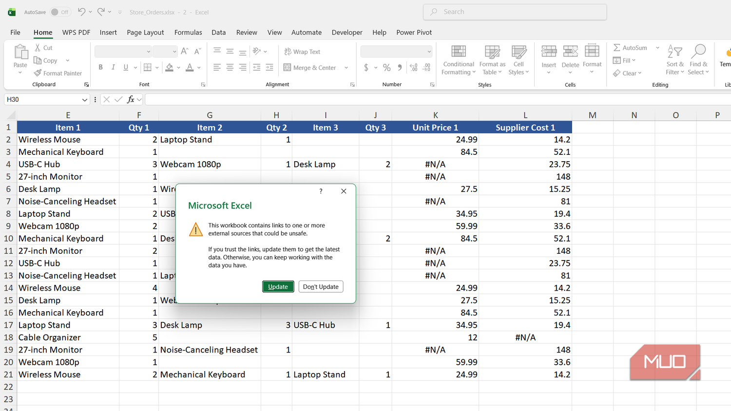 Excel prompt asking whether to update links to a missing workbook.