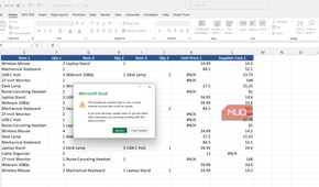 Excel prompt asking whether to update links to a missing workbook.