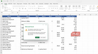 Excel prompt asking whether to update links to a missing workbook.
