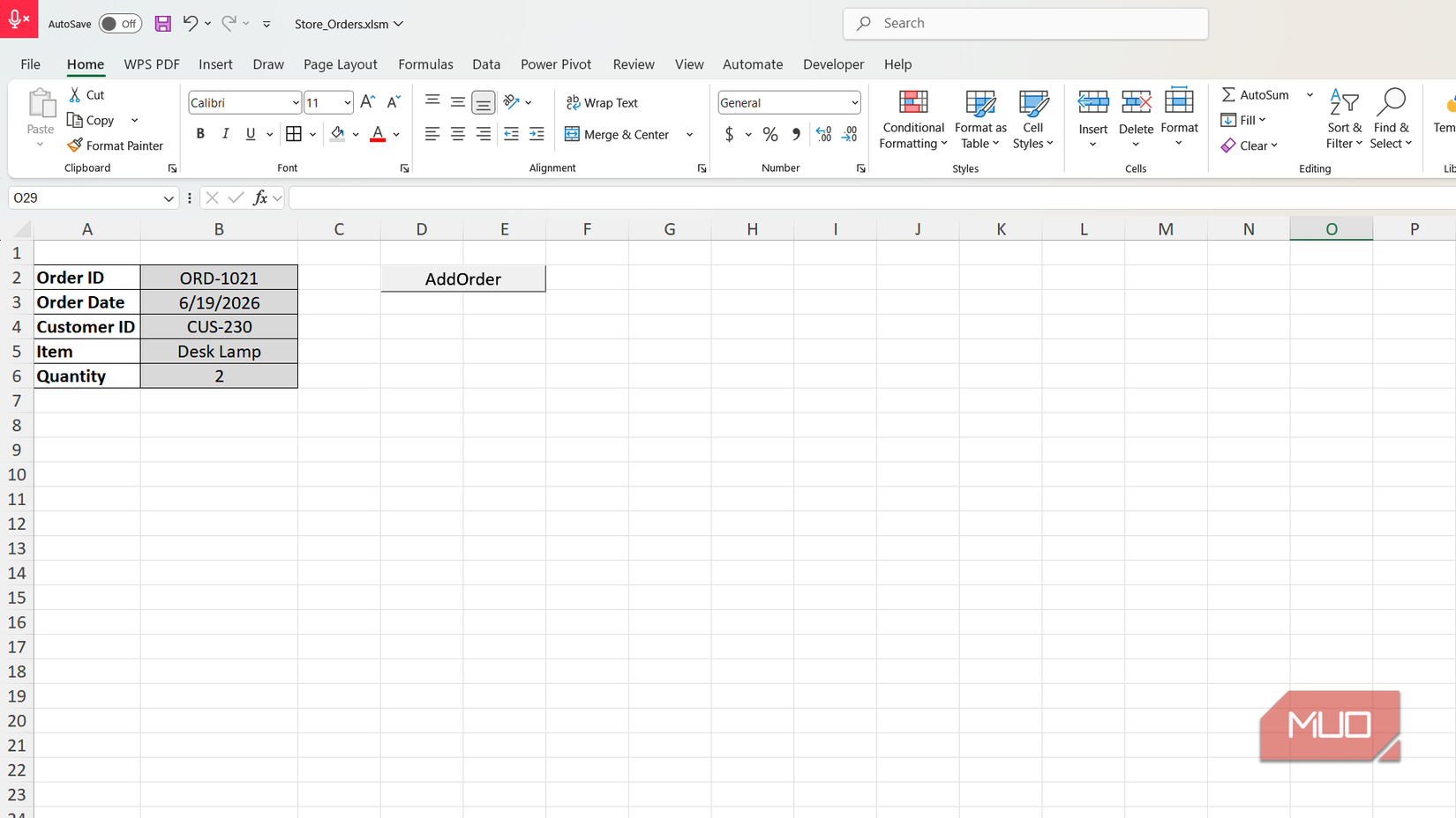 Excel sheet with a custom order entry form and a macro button labeled Add order.