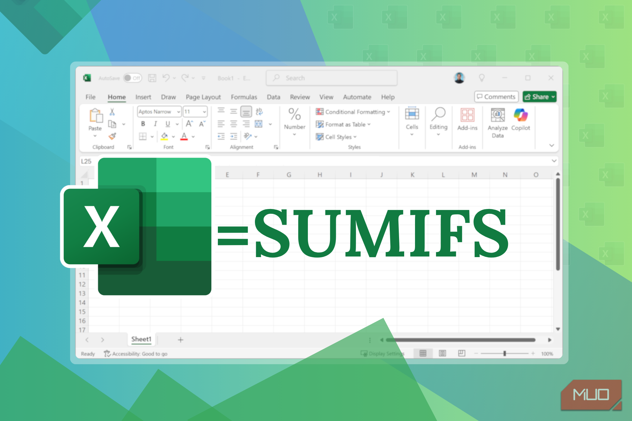 Excel spreadsheet with SUMIFS written in front with Excel logo.