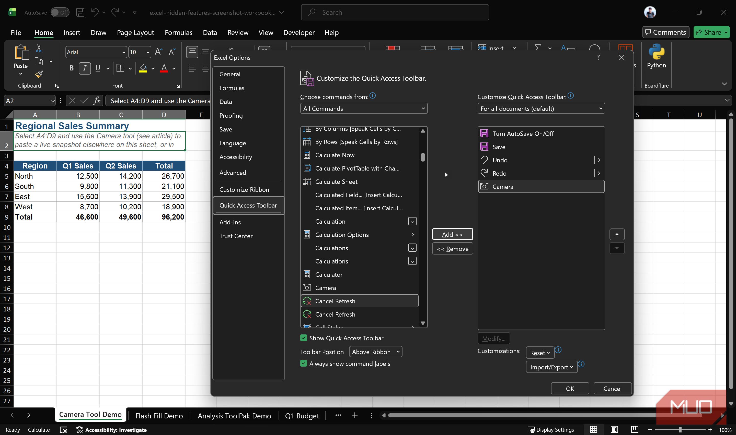 Excel Window with Camera tool being added to ribbon.
