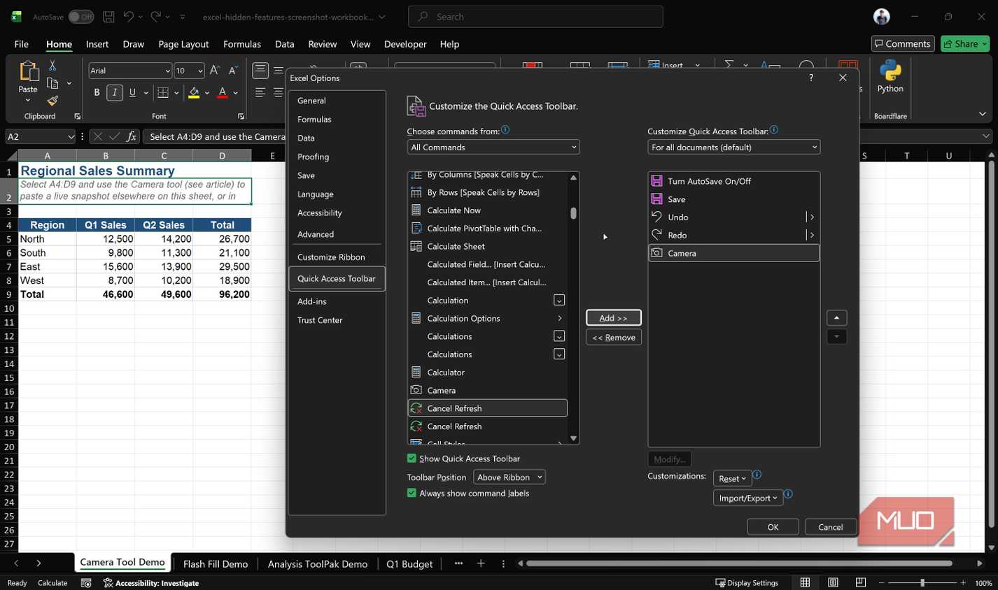Excel Window with Camera tool being added to ribbon.
