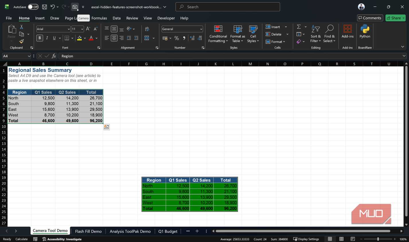 Excel window with range selected and camera tool highlighted.