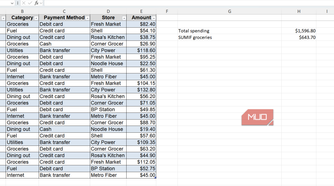 Expense sheet with total spending and total for groceries in Excel.