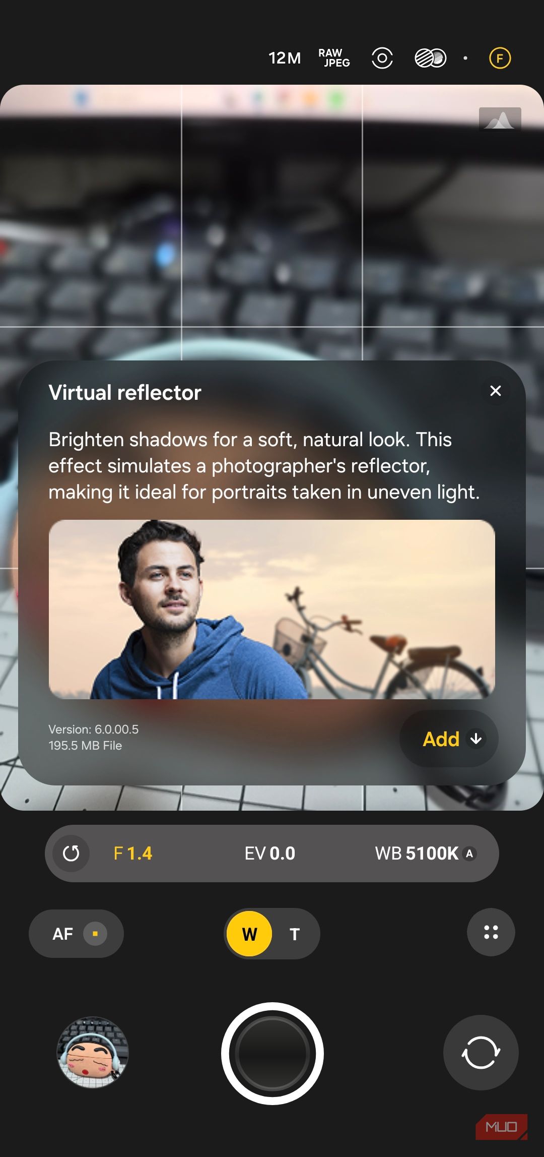 Expert RAW app showing virtual reflector on S26