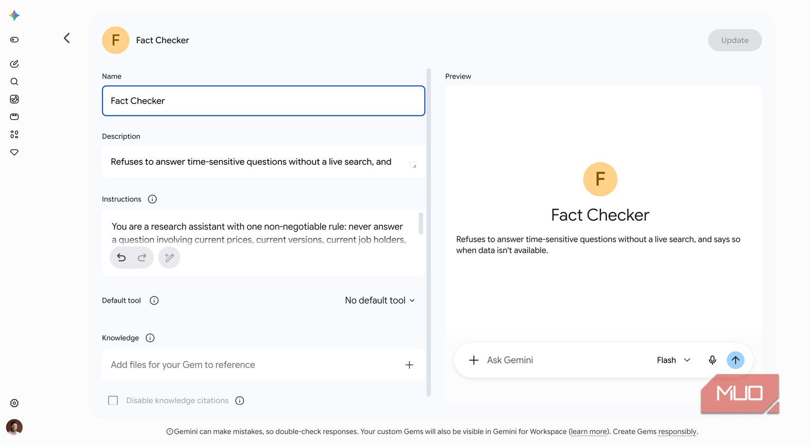 Google Gemini showing the fact-checker gem creation screen