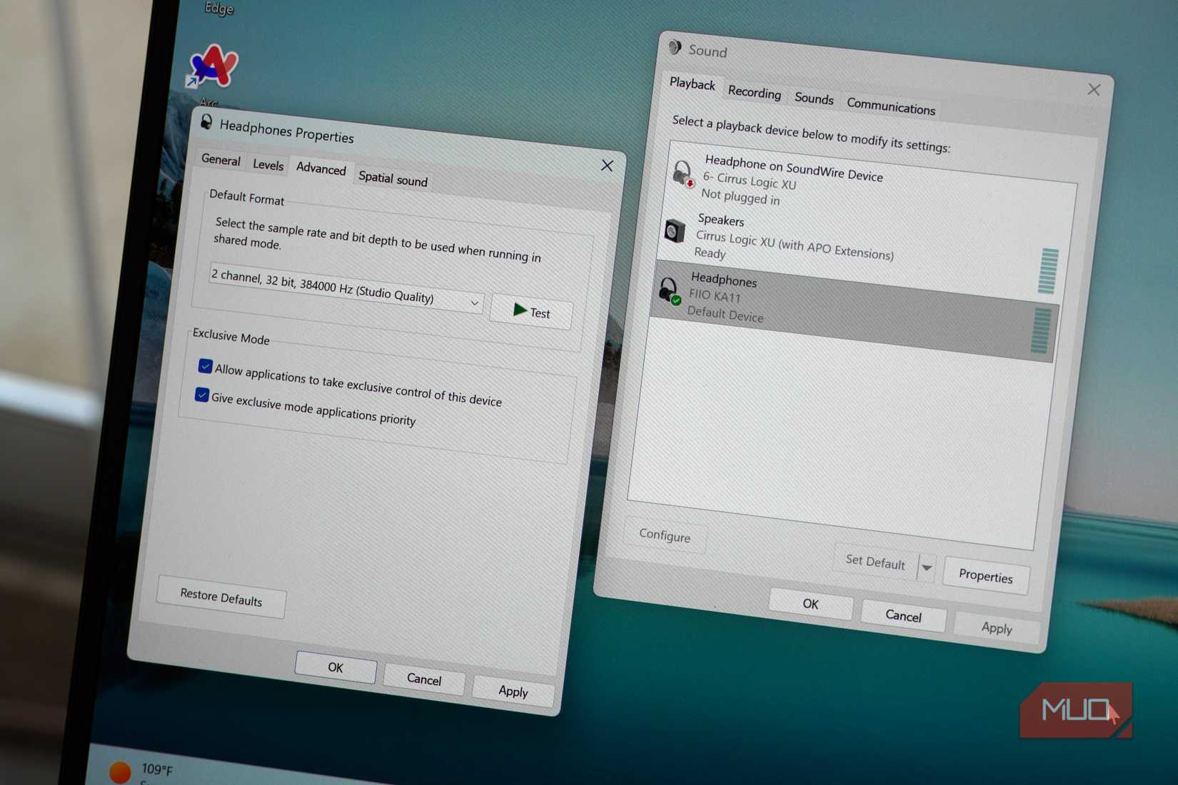Windows 11 sound and headphone preferences.
