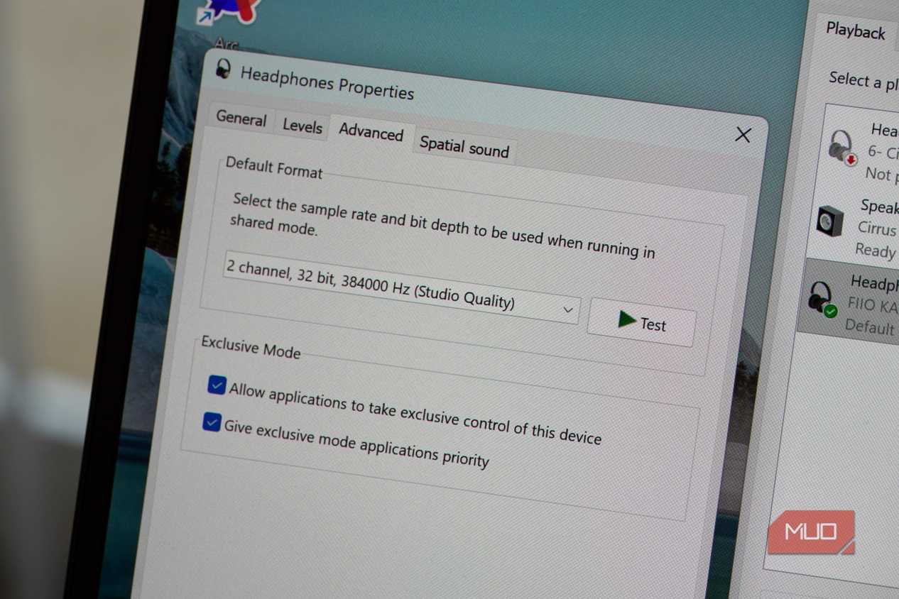 Headphone properties for the Fiio KA11 USB-C DAC plugged into a Lenovo laptop.
