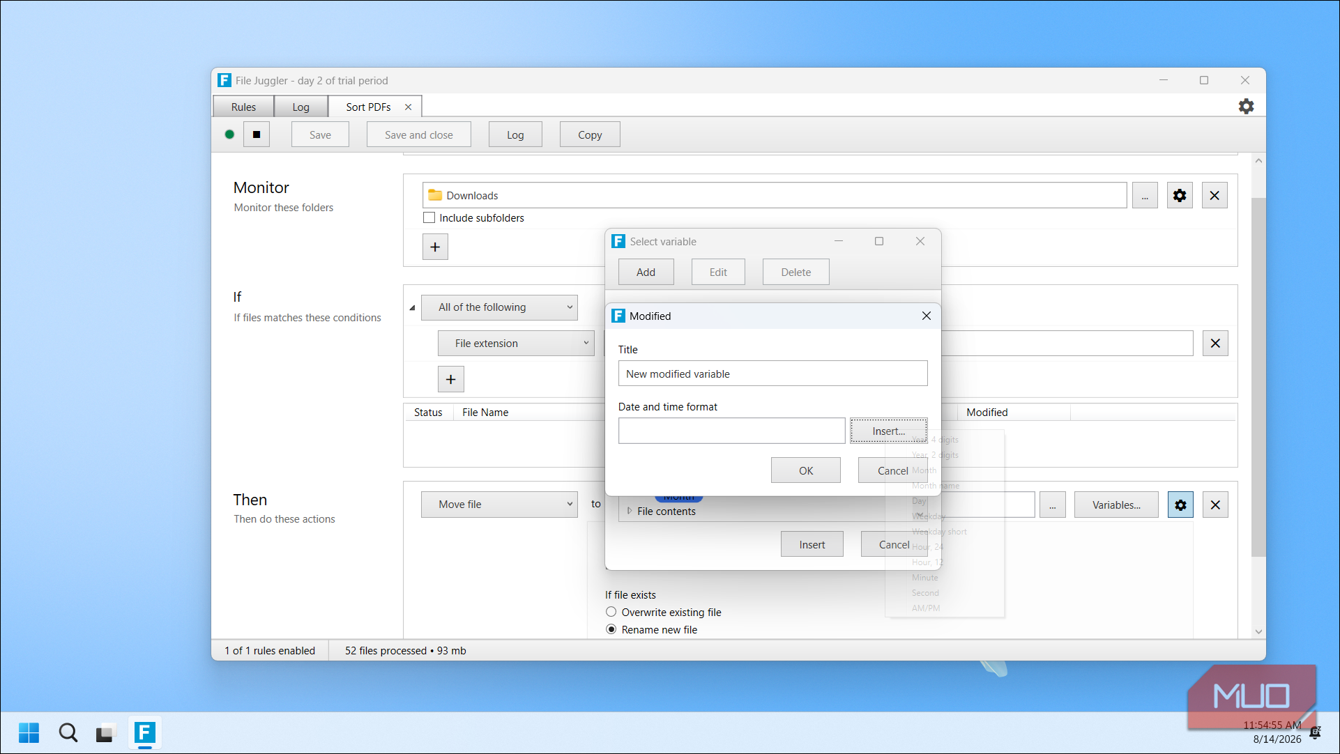File Juggler App Creating Pdf Sorting Rule With Modified Variable Dialog Open